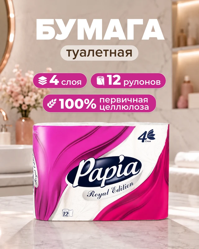 Туалетная бумага "Royal Edition", Papia, 4 слоя, 12 шт.