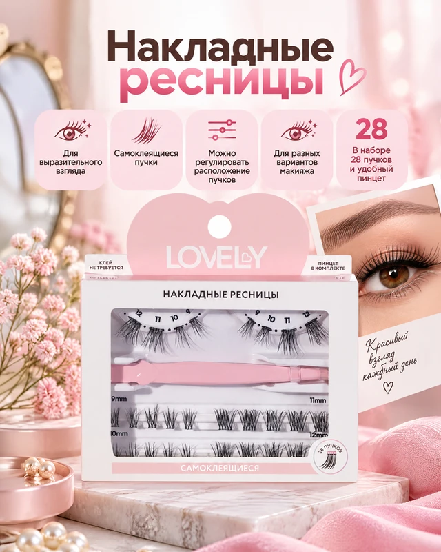 Накладные ресницы, LOVELY, 28 пучков + пинцет, в ассортименте