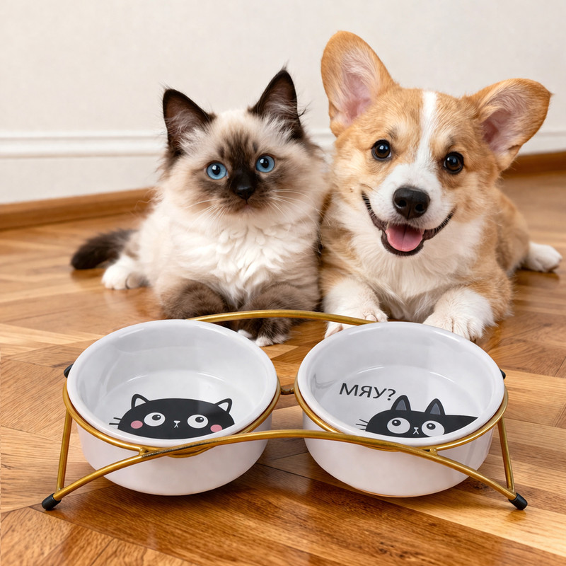 Набор керамических мисок на подставке, Pet Club, в ассортименте