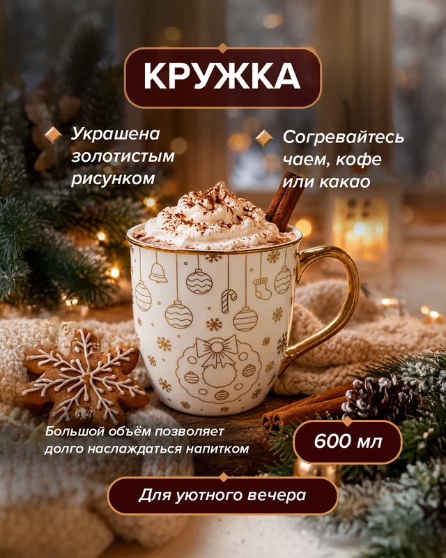 Кружка, Снежное кружево, 600 мл, в ассортименте