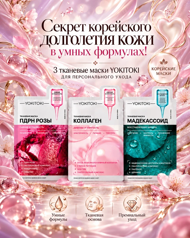 Маска для лица тканевая, YOKITOKI, в ассортименте