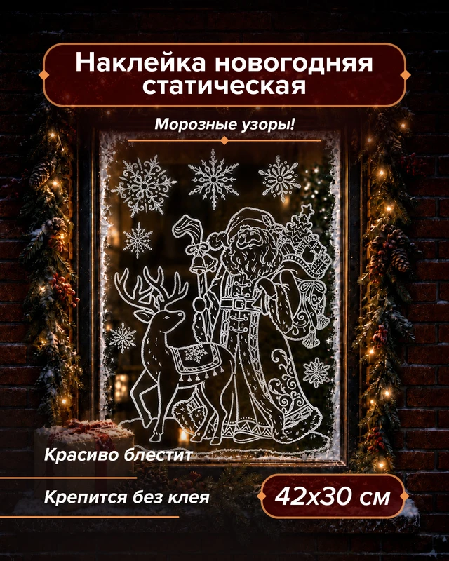Наклейка новогодняя статическая "Морозные узоры", Снежное кружево, 42х30 см, в ассортименте