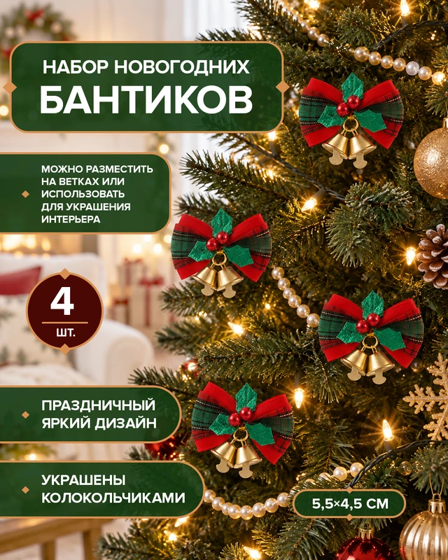 Набор новогодних бантиков, Снежное кружево, 4 шт., в ассортименте