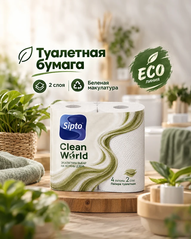 Туалетная бумага "Сlean world", Sipto, 2 слоя, 4 рулона