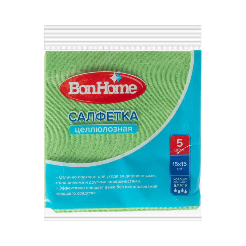 Салфетка целлюлозная, BonHome, 15х15 см, 5 шт., в ассортименте