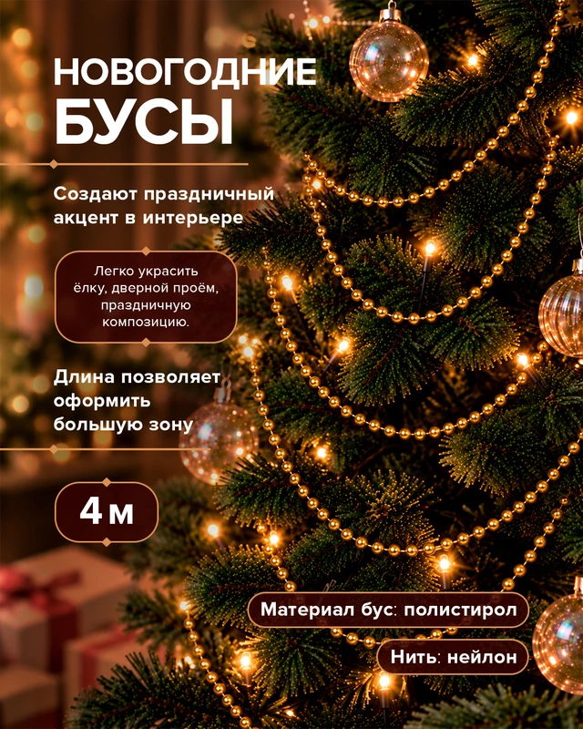 Бусы новогодние, Снежное кружево, 4 м, в ассортименте