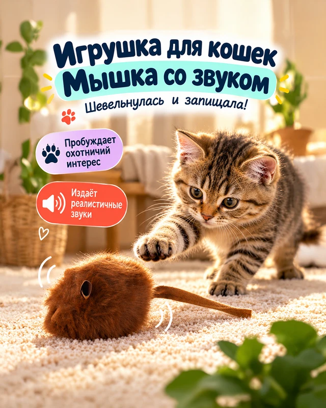 Игрушка для кошек "Мышка со звуком", Pet Club, 14х4 см, в ассортименте