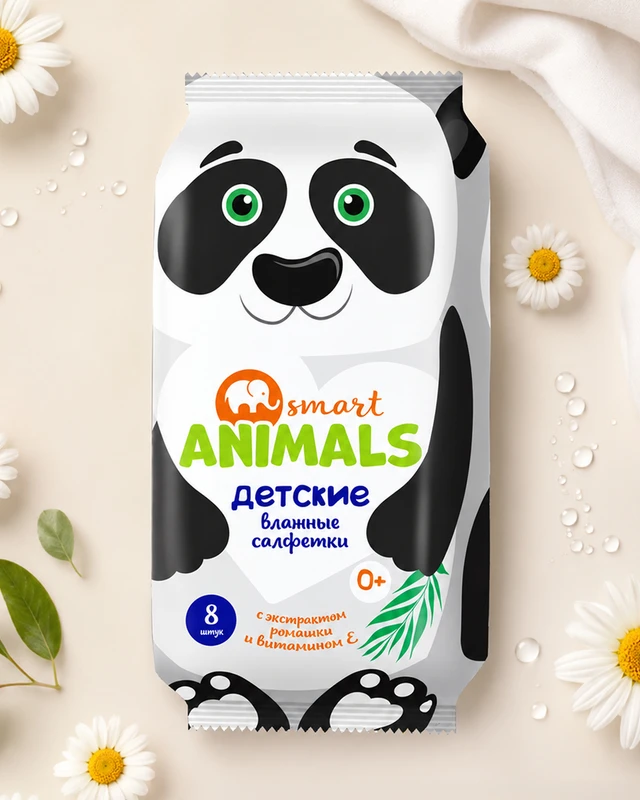 Салфетки влажные детские, Smart animals, 8 шт., в ассортименте