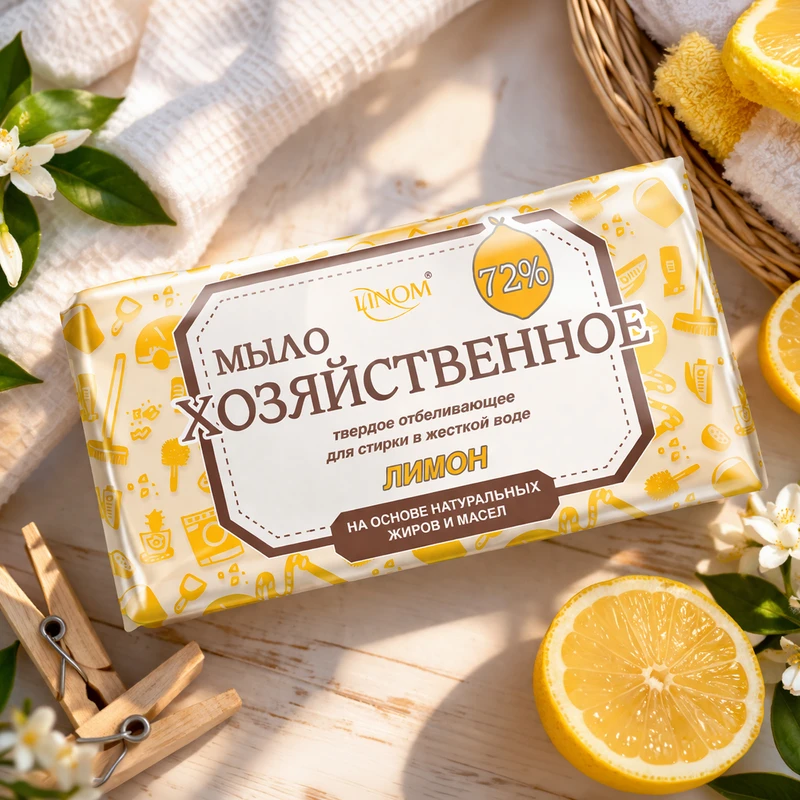 Отбеливающее хозяйственное мыло, Linom, лимон, 72%, 200 г