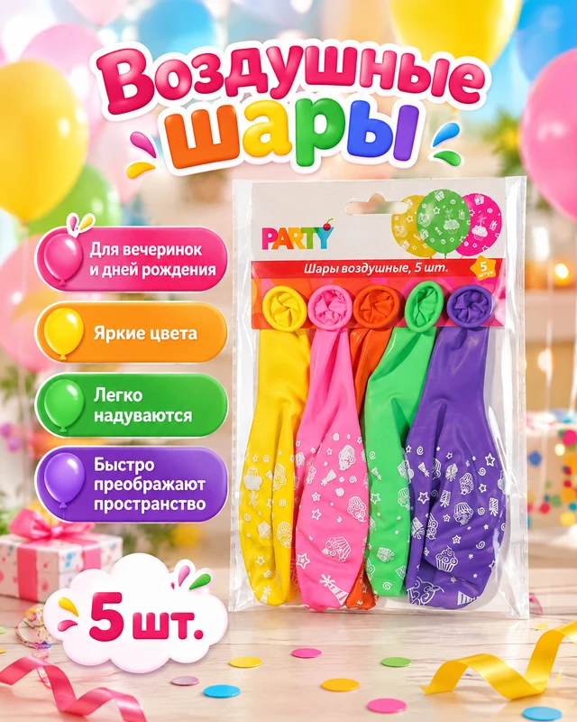 Шары воздушные, Party, 5 шт., в ассортименте