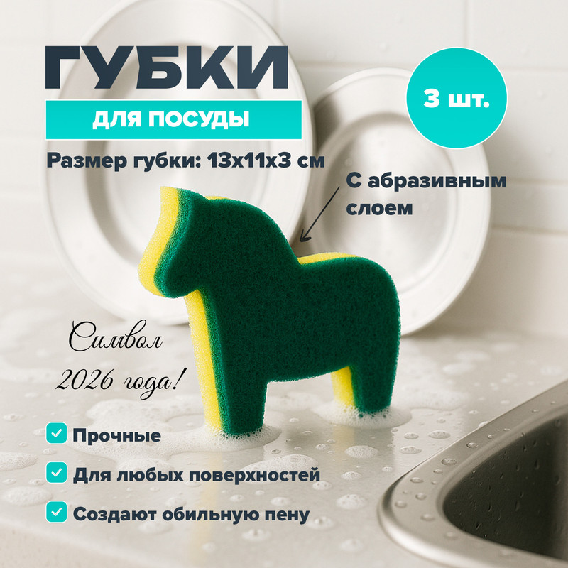 Губки для мытья посуды, BonHome, 3 шт., в ассортименте