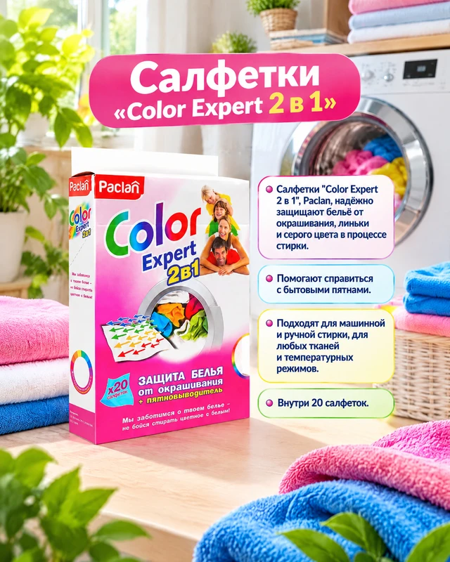 Салфетки "Color Exper 2 в 1", Paclan, 20 шт.